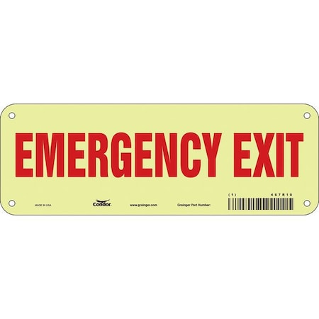 Condor Exit Sign, Plastic, 10" W, 3-1/2" H, Emergency Exit, White 467R19