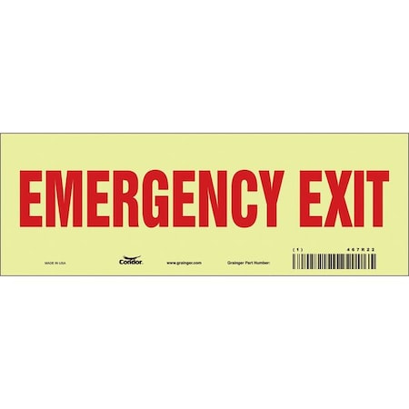 Condor Exit Sign, Vinyl, 10" W, 3-1/2" H, Emergency Exit, White 467R22