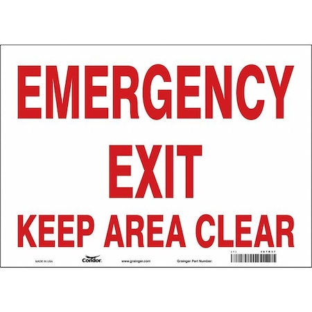 Condor Exit Sign, Vinyl, 14" W, 10" H, Emergency Exit Keep Area Clear, White 467R37