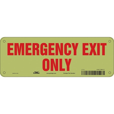 Condor Exit Sign, Vinyl, 10" W, 3-1/2" H, Emergency Exit Only, White 467R47