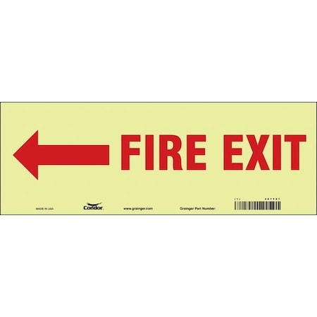 Condor Safety Sign Emergency Exit, Glow Vinyl, 14 in W, 5 in H, FIRE EXIT W/SYMBOL, White 467T87