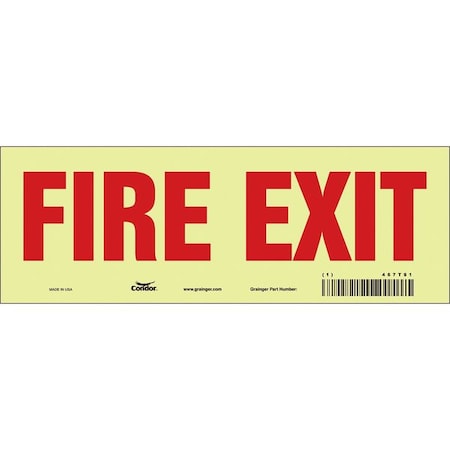 Condor Safety Sign Emergency Exit, Glow Vinyl, 10 in W, 3 1/2 in H, FIRE EXIT, White 467T91