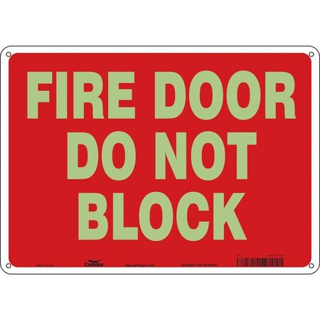 Condor Safety Sign Emergency Exit, Polyethylene, 14 in W, 10 in H, FIRE DOOR DO NOT BLOCK, Red, White 467T19