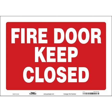 Condor Safety Sign Emergency Exit, Vinyl, 14 in W, 10 in H, FIRE DOOR KEEP CLOSED, Red, White 467T30