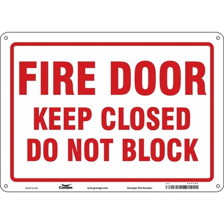 Condor Safety Sign Emergency Exit, Aluminum, 14 in W, 10 in H, FIRE DOOR KEEP CLOSED DO NOT BLOCK, White 467T40