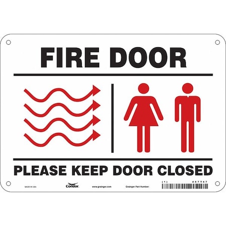 Condor Safety Sign Emergency Exit, Aluminum, 10 in W, 7 in H, FIRE DOOR PLEASE KEEP DOOR CLOSED W/SYMBOL 467T47