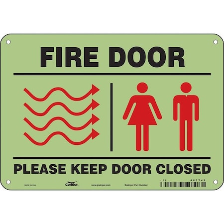 Condor Safety Sign Emergency Exit, Glow Vinyl, 10 in W, 7 in H, FIRE DOOR PLEASE KEEP DOOR CLOSED W/SYMBOL 467T49