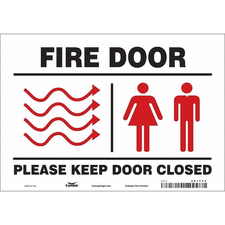 Condor Safety Sign Emergency Exit, Vinyl, 10 in W, 7 in H, FIRE DOOR PLEASE KEEP DOOR CLOSED W/SYMBOL 467T55
