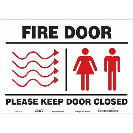 Condor Safety Sign Emergency Exit, Vinyl, 14 in W, 10 in H, FIRE DOOR PLEASE KEEP DOOR CLOSED W/SYMBOL 467T56
