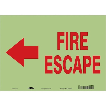 Condor Safety Sign Emergency Exit, Glow Vinyl, 14 in W, 10 in H, FIRE ESCAPE W/SYMBOL, White 467T60