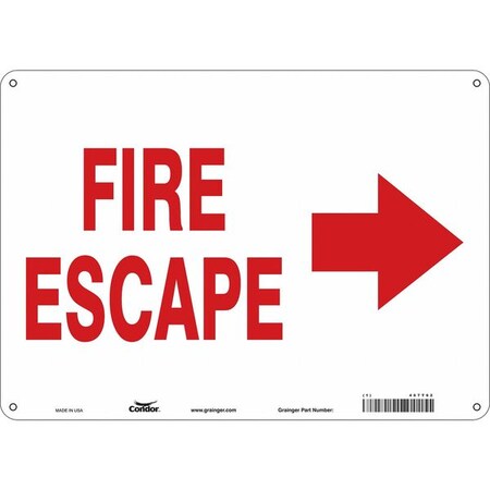 Condor Safety Sign Emergency Exit, Aluminum, 14 in W, 10 in H, FIRE ESCAPE W/SYMBOL, White 467T62