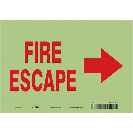 Condor Safety Sign Emergency Exit, Glow Vinyl, 10 in W, 7 in H, FIRE ESCAPE W/SYMBOL, White 467T63