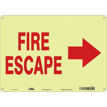 Condor Safety Sign Emergency Exit, Polyethylene, 14 in W, 10 in H, FIRE ESCAPE W/SYMBOL, White 467T66