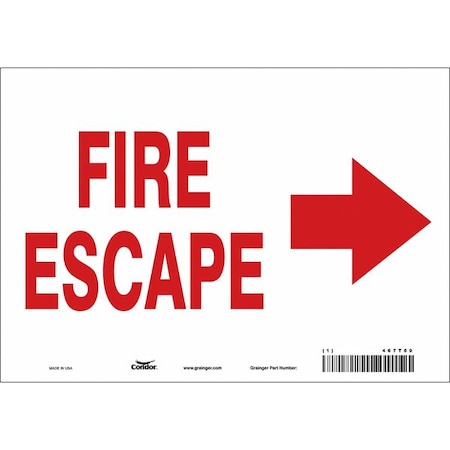 Condor Safety Sign Emergency Exit, Vinyl, 10 in W, 7 in H, FIRE ESCAPE W/SYMBOL, White 467T69