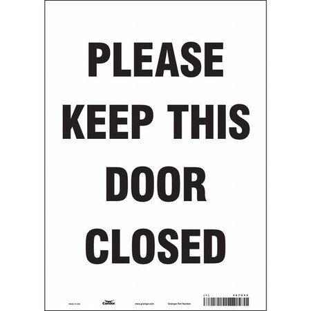 Condor Safety Sign Emergency Exit, Vinyl, 10 in W, 14 in H, PLEASE KEEP THIS DOOR CLOSED, White 467U90