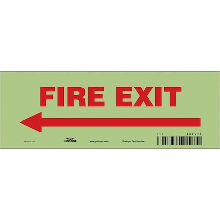 Condor Safety Sign Emergency Exit, Glow Vinyl, 10 in W, 3 1/2 in H, FIRE EXIT W/SYMBOL, White 467U01