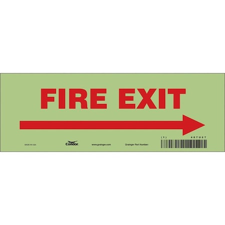 Condor Safety Sign Emergency Exit, Glow Vinyl, 10 in W, 3 1/2 in H, FIRE EXIT W/SYMBOL, White 467U07
