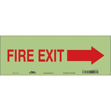 Condor Safety Sign Emergency Exit, Glow Vinyl, 14 in W, 5 in H, FIRE EXIT W/SYMBOL, White 467U08