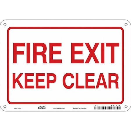 Condor Safety Sign Emergency Exit, Aluminum, 10 in W, 7 in H, FIRE EXIT KEEP CLEAR, White 467U15