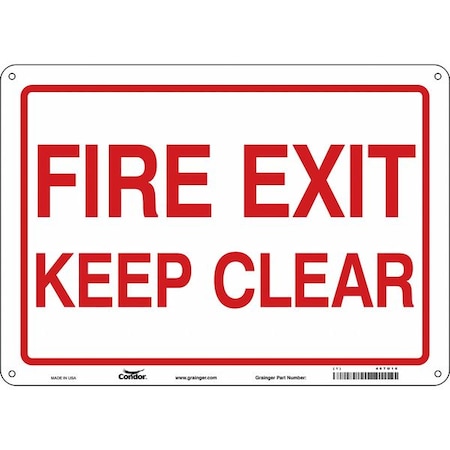 Condor Safety Sign Emergency Exit, Aluminum, 14 in W, 10 in H, FIRE EXIT KEEP CLEAR, White 467U16