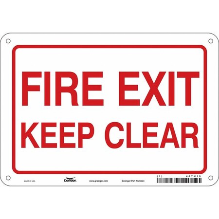 Condor Safety Sign Emergency Exit, Polyethylene, 10 in W, 7 in H, FIRE EXIT KEEP CLEAR, White 467U19