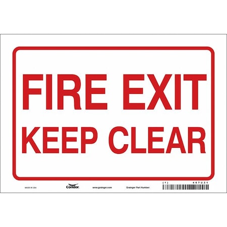 Condor Safety Sign Emergency Exit, Vinyl, 10 in W, 7 in H, FIRE EXIT KEEP CLEAR, White 467U21