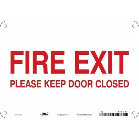 Condor Safety Sign Emergency Exit, Polyethylene, 10 in W, 7 in H, FIRE EXIT PLEASE KEEP DOOR CLOSED, White 467U25