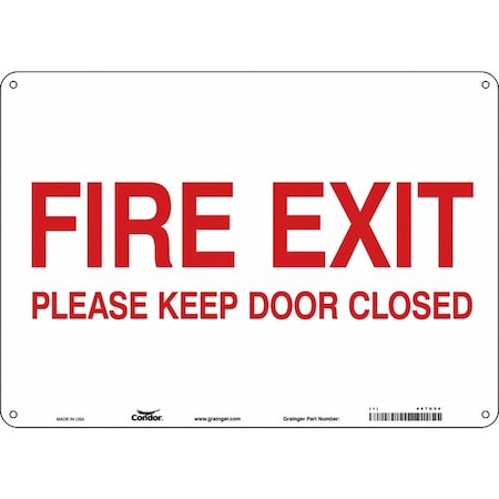 Condor Safety Sign Emergency Exit, Polyethylene, 14 in W, 10 in H, FIRE EXIT PLEASE KEEP DOOR CLOSED 467U26