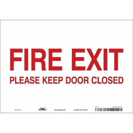 Condor Safety Sign Emergency Exit, Vinyl, 10 in W, 7 in H, FIRE EXIT PLEASE KEEP DOOR CLOSED, White 467U27