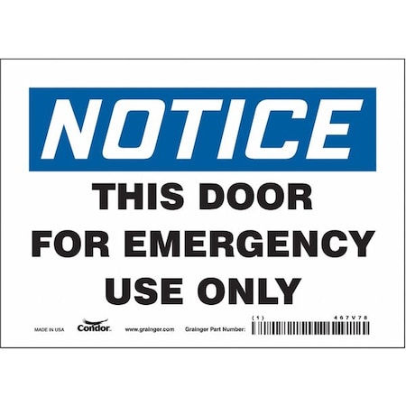 Condor Safety Sign Emergency Exit, 5 in H, 7 in W, Vinyl, Horizontal Rectangle, English, 467V78 467V78