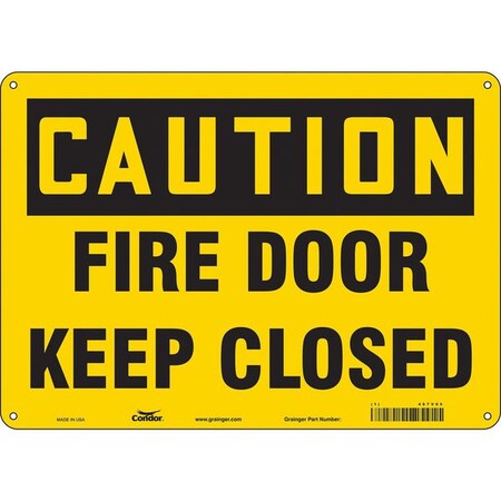 Condor Safety Sign Emergency Exit, Polyethylene, 14 in W, 10 in H, CAUTION FIRE DOOR KEEP CLOSED, Yellow 467V05