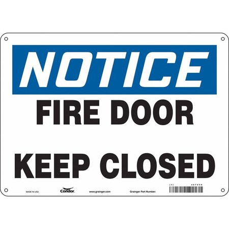 Condor Safety Sign Emergency Exit, Aluminum, 14 in W, 10 in H, NOTICE FIRE DOOR KEEP CLOSED, White 467V56