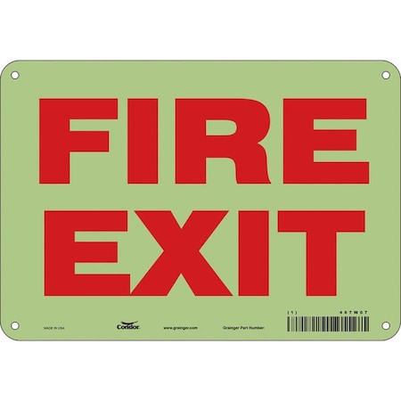 Condor Safety Sign Emergency Exit, Glow Vinyl, 10 in W, 7 in H, FIRE EXIT, White 467W07