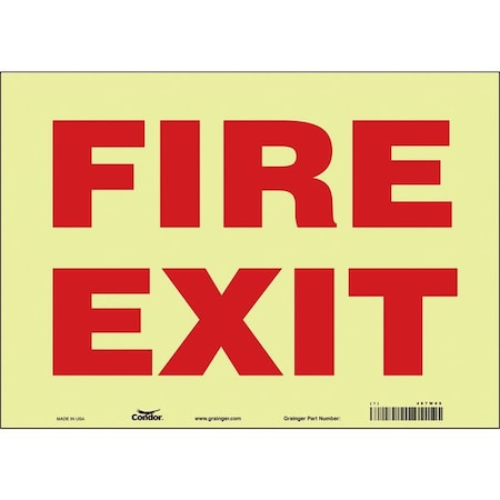 Condor Safety Sign Emergency Exit, Glow Vinyl, 14 in W, 10 in H, FIRE EXIT, White 467W09