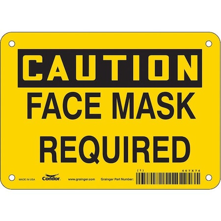 Condor Face Mask Required Sign, 7" W x 5" H, English, Vinyl, Yellow 467X74