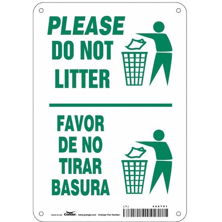 Condor Please Do Not Litter/Favor De No Tirar Basura, 7 in W x 10 in H, Rectangle, Polyethylene, 468T51 468T51