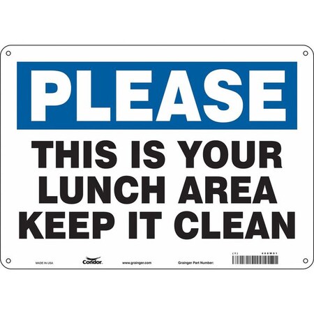 Condor THIS IS YOUR LUNCH AREA KEEP IT CLEAN, 14 in W x 10 in H, Horizontal Rectangle, Polyethylene, 468W01 468W01
