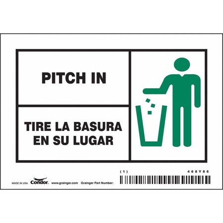 Condor PITCH IN/TIRE LA BASURA EN SU LUGAR, 5 in W x 3 1/2 in H, Horizontal Rectangle, Vinyl, 468Y86, PK5 468Y86