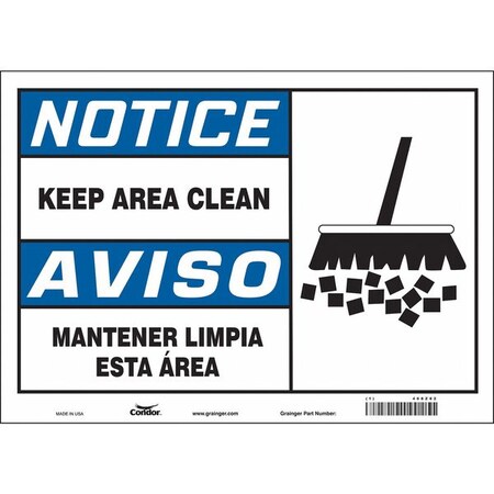 Condor KEEP AREA CLEAN/MANTENER LIMPIA ESTA AREA, 14 in W x 10 in H, Horizontal Rectangle, Vinyl, 468Z82 468Z82