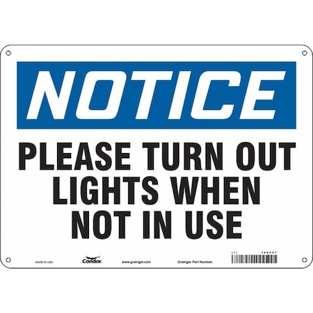 Condor PLEASE TURN OUT LIGHTS WHEN NOT IN USE, 14 in W x 10 in H, Horizontal Rectangle, Aluminum, 468Z57 468Z57