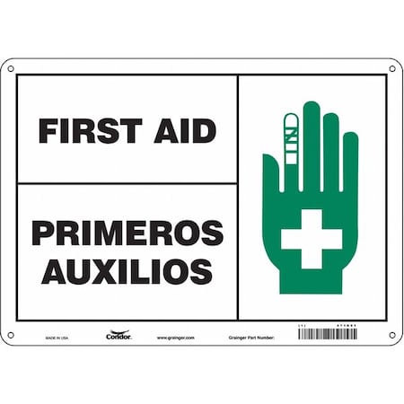 Condor First Aid/Primeros Auxilios, 14 in W x 10 in H, Horizontal Rectangle, Aluminum, 471R91 471R91