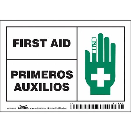 Condor First Aid/Primeros Auxilios, 5 in W x 3 1/2 in H, Horizontal Rectangle, Vinyl, 471R92, PK5 471R92