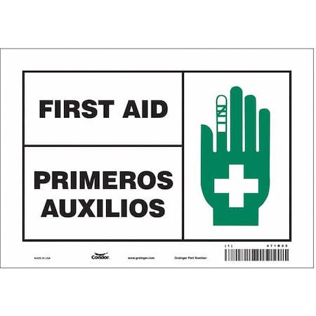 Condor First Aid/Primeros Auxilios, 10 in W x 7 in H, Vertical Rectangle, Vinyl, 471R95 471R95