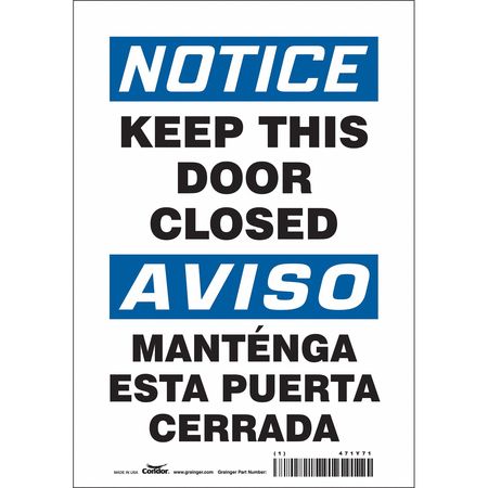 CONDOR Safety Sign, 10 in Height, 7 in Width, Vinyl, Horizontal Rectangle, English, Spanish, 471Y71 471Y71