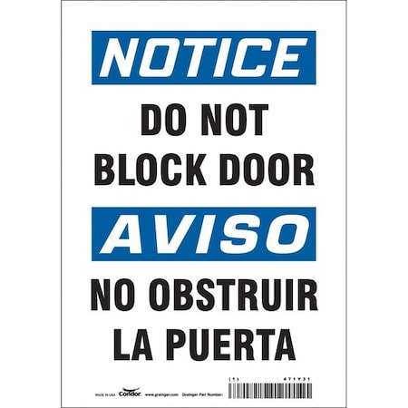Condor Notice, Do Not Block Door/no Obstruir La Puerta, 7 in x 10 in, Horizontal Rectangle, Vinyl, 471Y31 471Y31
