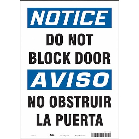 Condor Notice, Do Not Block Door/no Obstruir La Puerta, 10 in x 14 in, Vertical Rectangle, Vinyl, 471Y32 471Y32