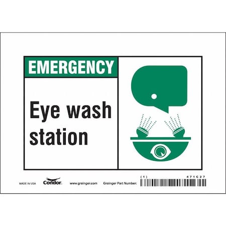 Condor Emergency, Eye Wash Station, 7 in W x 5 in H, Horizontal Rectangle, Vinyl, 471C27 471C27