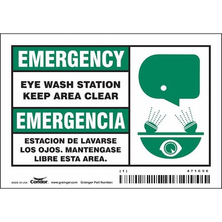 Condor Emergency/Emergencia, Safety Shower, 5 in W x 3 1/2 in H, Horizontal Rectangle, Vinyl, 471C56, PK5 471C56