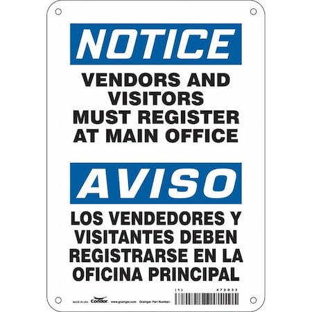 Condor Safety Sign, 10 in H, 7 in W, Polyethylene, Horizontal Rectangle, English, Spanish, 472D33 472D33