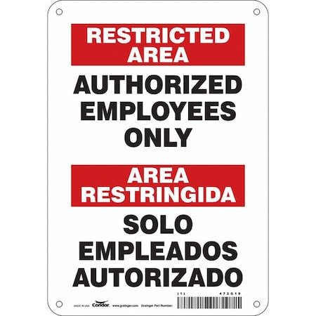 Condor Safety Sign, 10 in H, 7 in W, Polyethylene, Horizontal Rectangle, English, Spanish, 472G18 472G18
